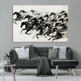 23069-MGV-CV-36X24-Galloping Horses Wall Art – Black Ink Painting on Canvas, Dynamic Equestrian Artwork with Running Stallions, Expressive Modern