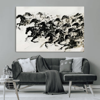 23069-MGV-CV-36X24-Galloping Horses Wall Art – Black Ink Painting on Canvas, Dynamic Equestrian Artwork with Running Stallions, Expressive Modern