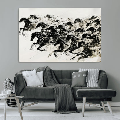 23069-MGV-CV-36X24-Galloping Horses Wall Art – Black Ink Painting on Canvas, Dynamic Equestrian Artwork with Running Stallions, Expressive Modern