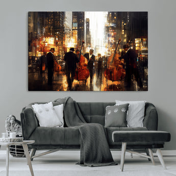 58782-MGV-CV-36X24-Jazz Musicians Cityscape Wall Art – Vibrant Urban Night Canvas Print, Elegant Music Themed Decor for Living Room, Office, or Music