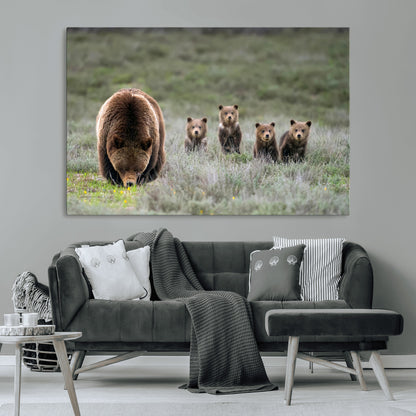 65087B-MGV-CV-36X24-Bear Family Wall Art – Wildlife Canvas Print Featuring Mother Bear with Cubs in Nature, Rustic Animal Artwork for Living Room,