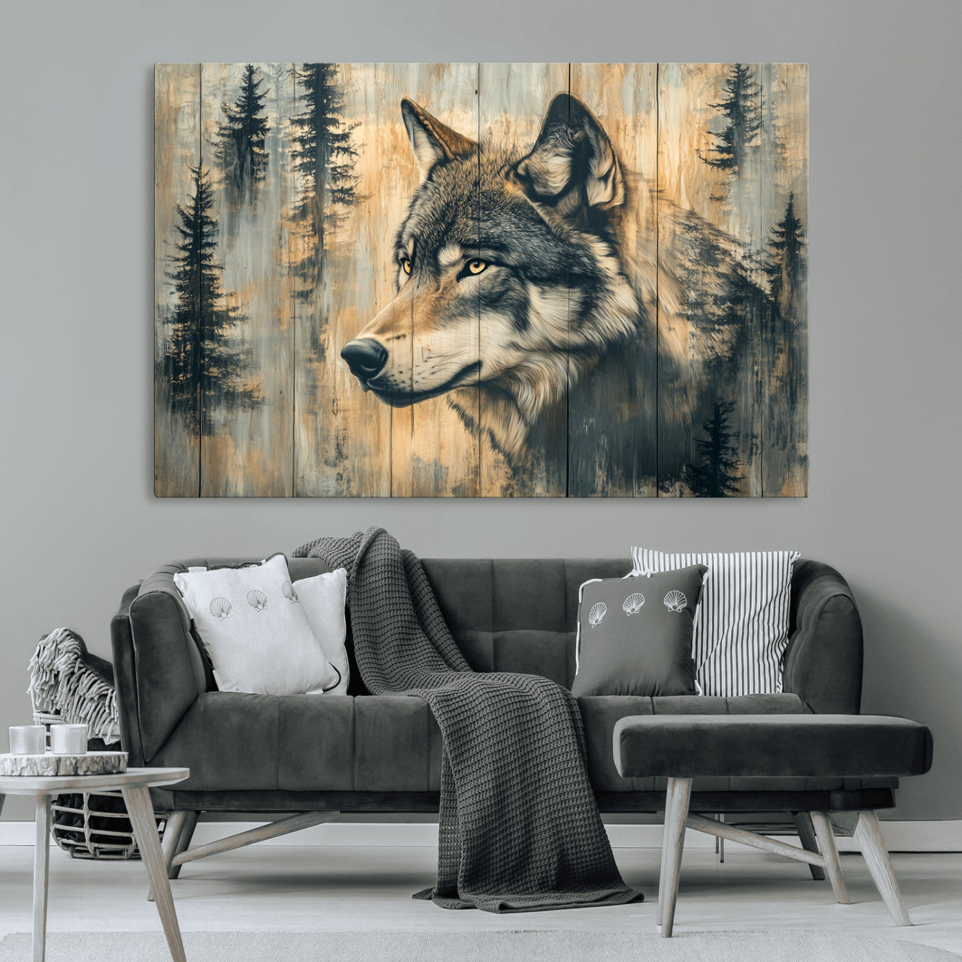 51892-MGV-CV-36X24-Wolf Wall Art – Rustic Canvas Print of Wolf with Forest Trees on Wood Texture, Wildlife Lodge Artwork for Living Room, Bedroom,