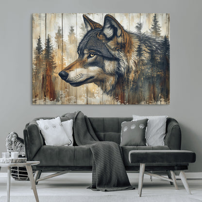 91882-MGV-CV-36X24-Wolf Wall Art – Rustic Canvas Print of Forest Wolf on Wood Background, Wildlife Lodge Artwork for Living Room, Bedroom, Cabin, or