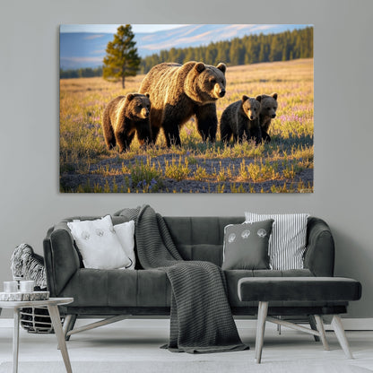43400-MGV-CV-36X24-Bear Family Wall Art – Wildlife Canvas Print of Mother Bear with Cubs in Sunlit Meadow, Rustic Animal Artwork for Living Room,