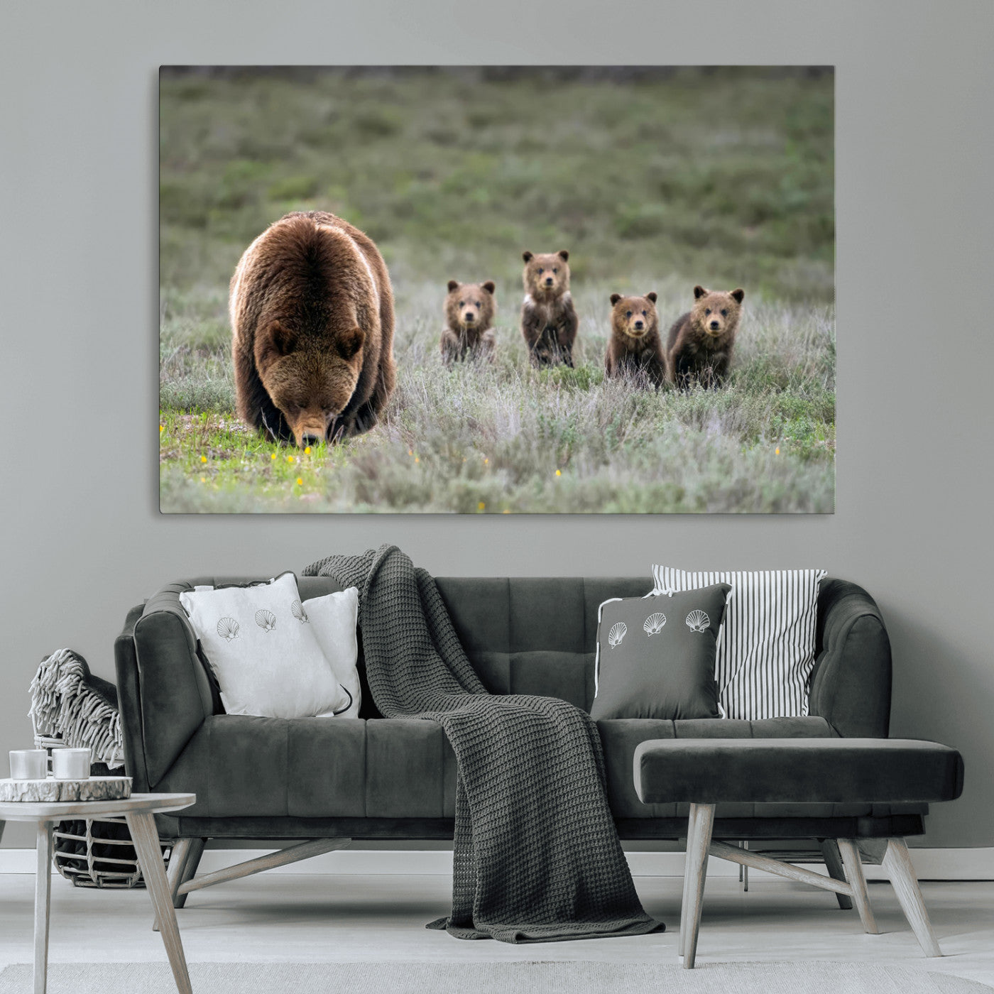 40555-MGV-CV-36X24-Bear Family Wall Art – Wildlife Canvas Print of Mother Bear with Four Cubs in Nature, Rustic Animal Artwork for Living Room,