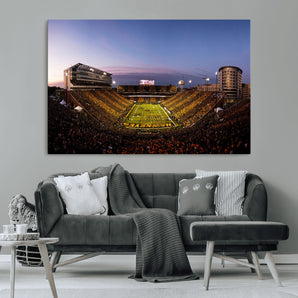 82557-MGV-CV-36X24-College Football Stadium Wall Art – Panoramic Sunset Canvas Print with Marching Band and Game Day Crowd, Sports Artwork for Man