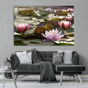 28394-MGV-CV-36X24-Water Lily Pond Wall Art – Pink Lotus Flowers Canvas Print with Green Lily Pads, Peaceful Botanical Artwork for Living Room,