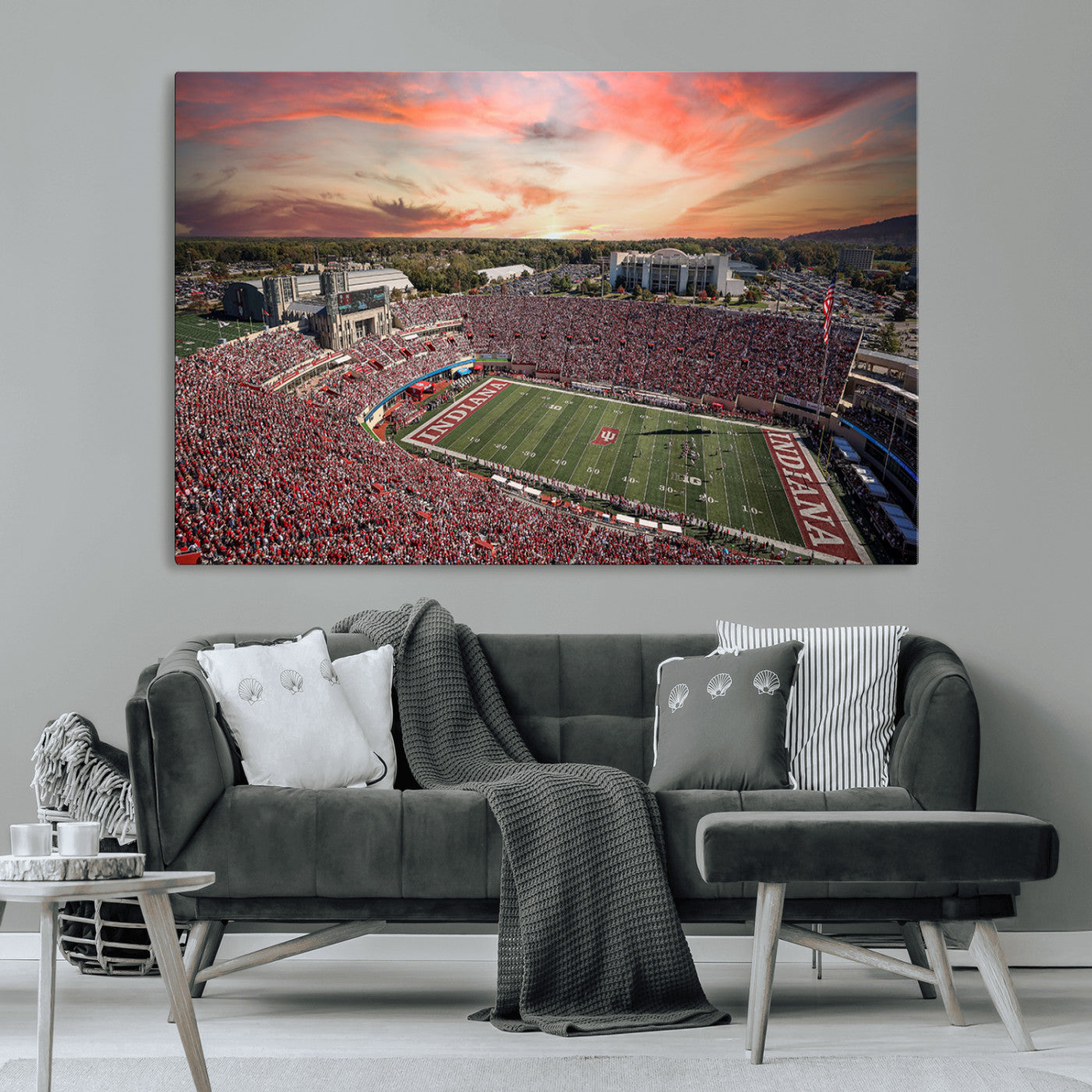 51135-MGV-CV-36X24-Indiana Hoosiers Stadium Wall Art – Panoramic Football Canvas Print with Game Day Crowd and Sunset Sky, Sports Artwork for Man