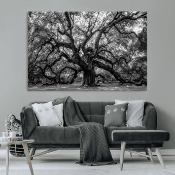 132944706-MGV-CV-36X24-Ancient Tree Wall Art – Black and White Photography Canvas Print Featuring Majestic Twisting Branches, Rustic Nature Artwork for