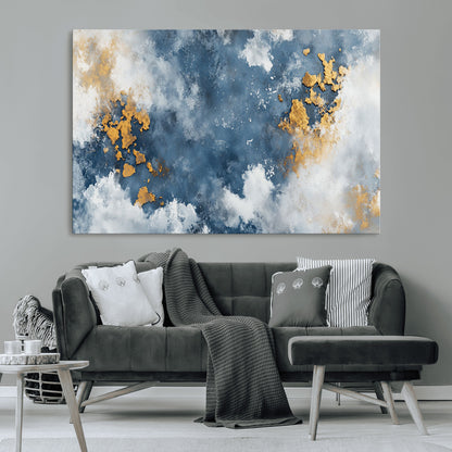 39575-MGV-CV-36X24-Blue and Gold Abstract Wall Art – Modern Canvas Print Featuring Cloudy Textures with Metallic Accents, Contemporary Artwork for