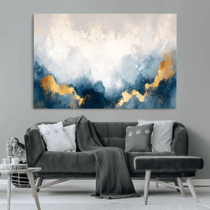 14578-MGV-CV-36X24-Abstract Wall Art – Modern Canvas Print Featuring Blue and White Clouds with Golden Accents, Contemporary Elegant Artwork for