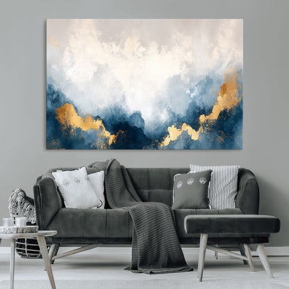 14578-MGV-CV-36X24-Abstract Wall Art – Modern Canvas Print Featuring Blue and White Clouds with Golden Accents, Contemporary Elegant Artwork for