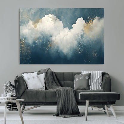 75131-MGV-CV-36X24-Abstract Cloud Wall Art – Modern Canvas Print Featuring Blue and White Clouds with Golden Accents, Contemporary Artwork for Living