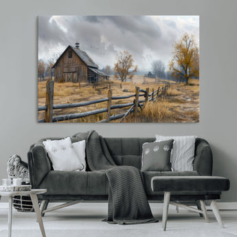 Farm1-MGV-CV-36X24-Rustic Autumn Farmhouse Wall Art – Serene Countryside Scene Canvas Print, Weathered Barn and Autumn Trees Decor for Living Room,