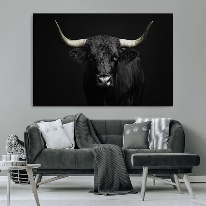 97914921-MGV-CV-36X24-Black Bull Wall Art Canvas Print, Framed Longhorn Bull Art Picture Print, Western Bull Perfect Monochrome Western Decor Artwork