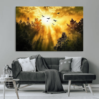 13776802-MGV-CV-36X24-Golden Forest Wall Art Canvas Print, Framed Sunset Pines Art Picture Print, Flying Birds Perfect Nature Glow Decor Artwork