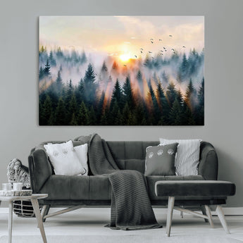 56391411-MGV-CV-36X24-Misty Forest Wall Art Canvas Print, Framed Sunrise Pines Art Picture Print, Moody Pines Perfect Serene Woodland Decor Artwork