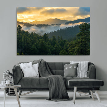 68082278-MGV-CV-36X24-Mountain Sunrise Wall Art Canvas Print, Framed Pine Forest Art Picture Print, Misty Mountains Perfect Earthy Woodland Decor