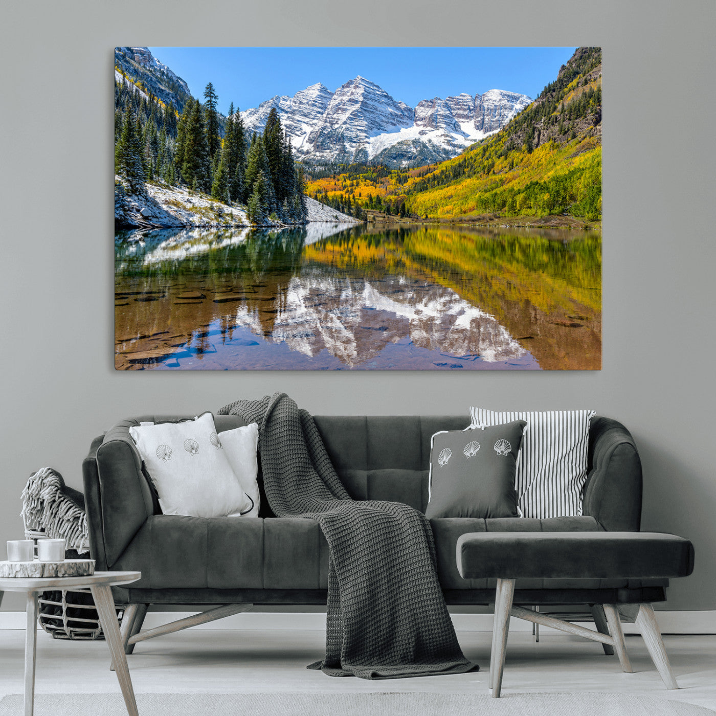 87724099-MGV-CV-36X24-Maroon Bells Wall Art Canvas Print, Framed Snowy Mountains Art Picture Print, Pine Forest Perfect Vibrant Alpine Decor Artwork