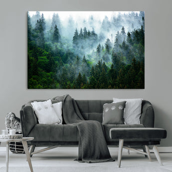 17393683-MGV-CV-36X24-Misty Forest Art Wall Art Canvas Print, Framed Foggy Mountain Art Art Picture Print, Scenic Wall Print Perfect Decor Artwork