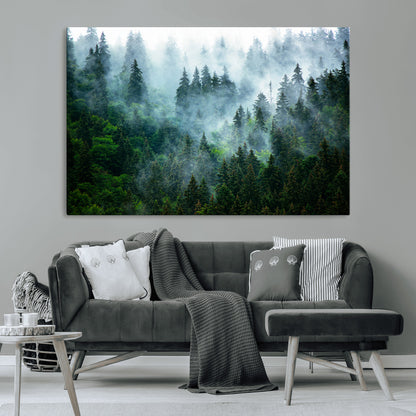 17393683-MGV-CV-36X24-Misty Forest Art Wall Art Canvas Print, Framed Foggy Mountain Art Art Picture Print, Scenic Wall Print Perfect Decor Artwork