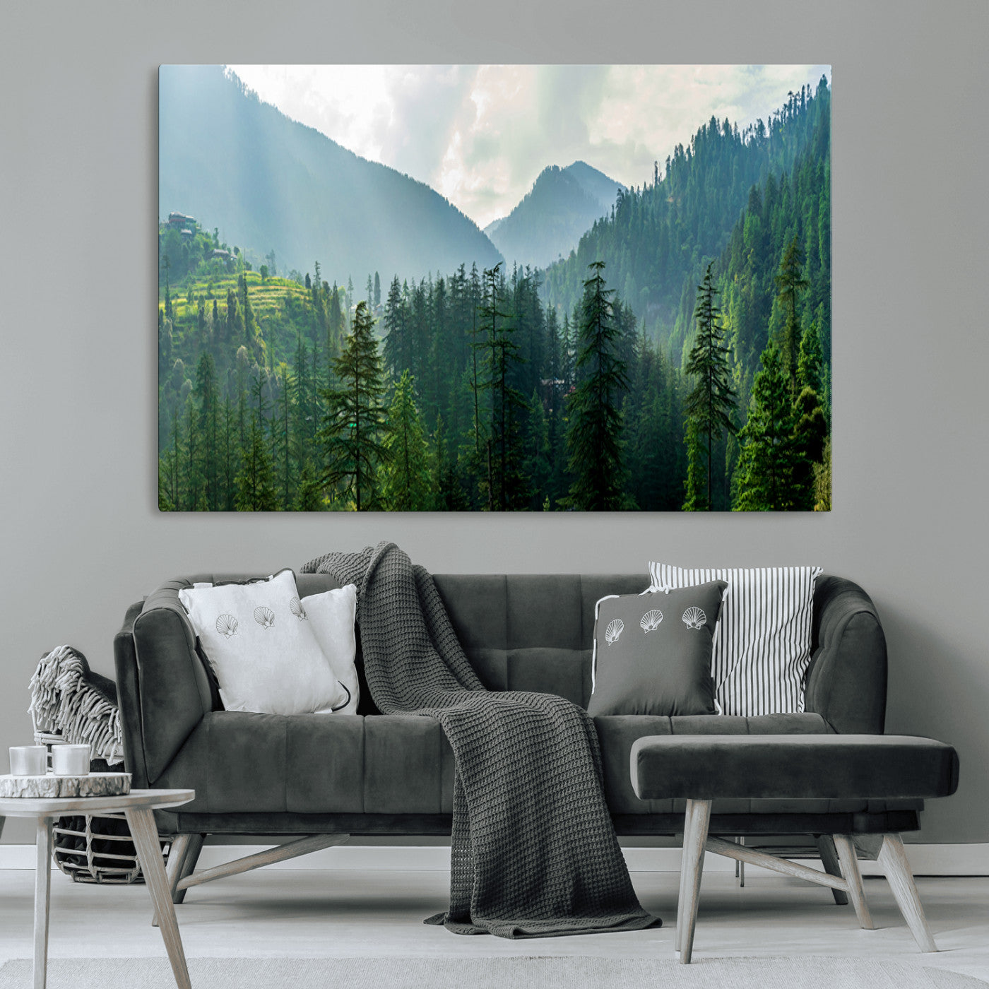 83417191-MGV-CV-36X24-Misty Mountain Forest Wall Art – Pine Tree Landscape Canvas Print, Nature Photography Panorama, Tranquil Green Forest Décor for