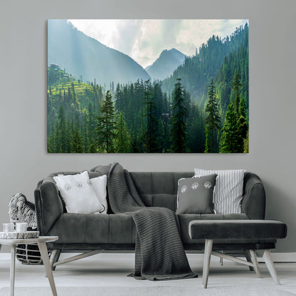 83417191-MGV-CV-36X24-Misty Mountain Forest Wall Art – Pine Tree Landscape Canvas Print, Nature Photography Panorama, Tranquil Green Forest Décor for