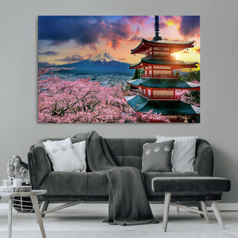 32331262-MGV-CV-36X24-Mount Fuji Japan Wall Art – Cherry Blossom Landscape Canvas Print, Chureito Pagoda Sunset Photography, Japanese Nature Travel
