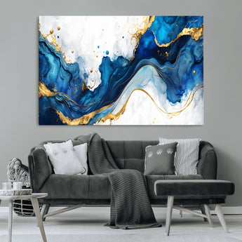 33506371-MGV-CV-36X24-Blue Marble Wall Art Canvas Print, Framed Gold Splash Art Picture Print, Abstract Wave Perfect Modern Luxe Decor Artwork