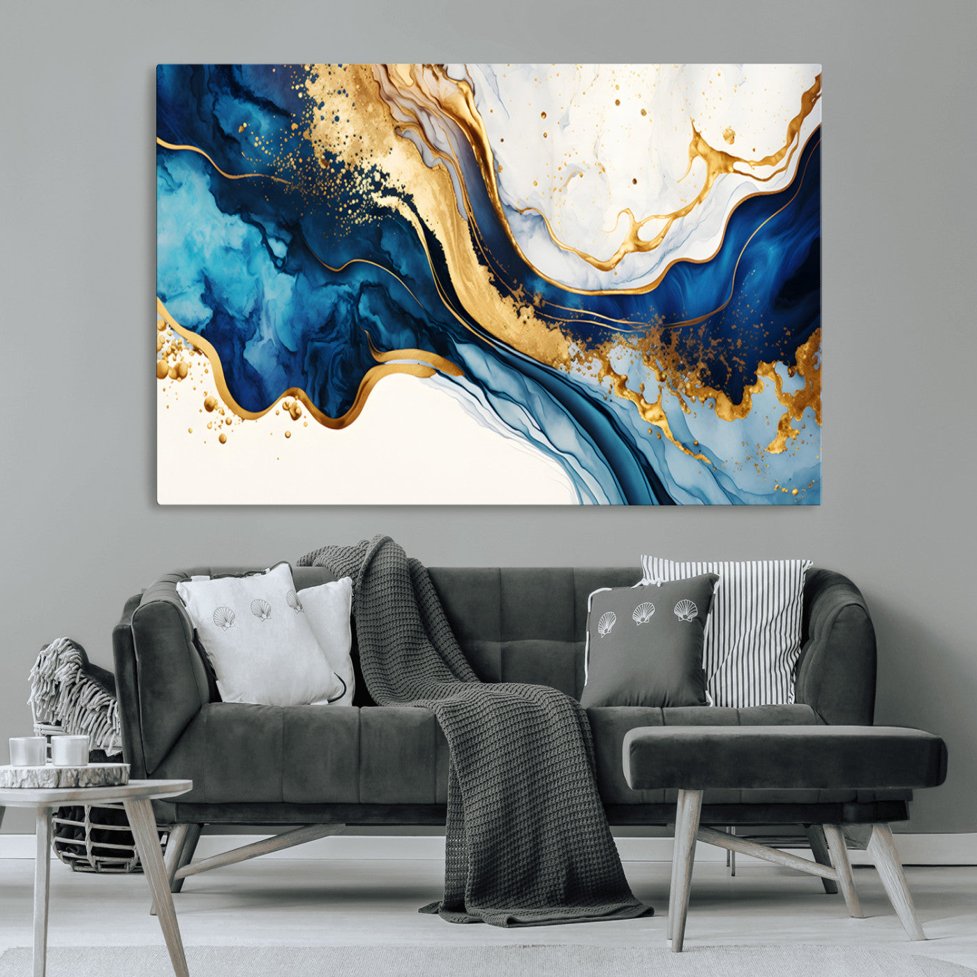60283636-MGV-CV-36X24-Blue Gold Flow Wall Art Canvas Print, Framed Marble Texture Art Picture Print, Elegant Splash Perfect Elegant Abstract Decor