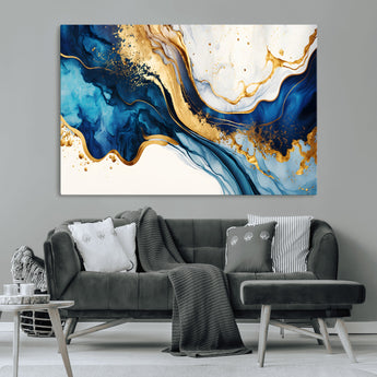 60283636-MGV-CV-36X24-Blue Gold Flow Wall Art Canvas Print, Framed Marble Texture Art Picture Print, Elegant Splash Perfect Elegant Abstract Decor