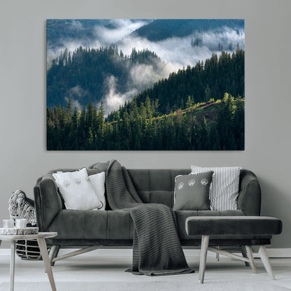 84598503-MGV-CV-36X24-Misty Forest Wall Art Canvas Print, Framed Pine Hills Art Picture Print, Moody Hills Perfect Moody Woodland Decor Artwork