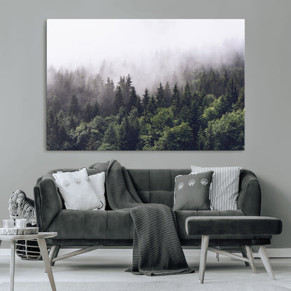 62890402-MGV-CV-36X24-Misty Forest Wall Art Canvas Print, Framed Foggy Pines Art Picture Print, Pine Valley Perfect Moody Woodland Decor Artwork