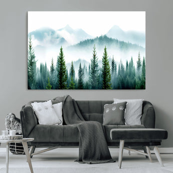 16716676-MGV-CV-36X24-Pine Forest Wall Art Canvas Print, Framed Misty Mountains Art Picture Print, Foggy Trees Perfect Moody Forest Decor Artwork