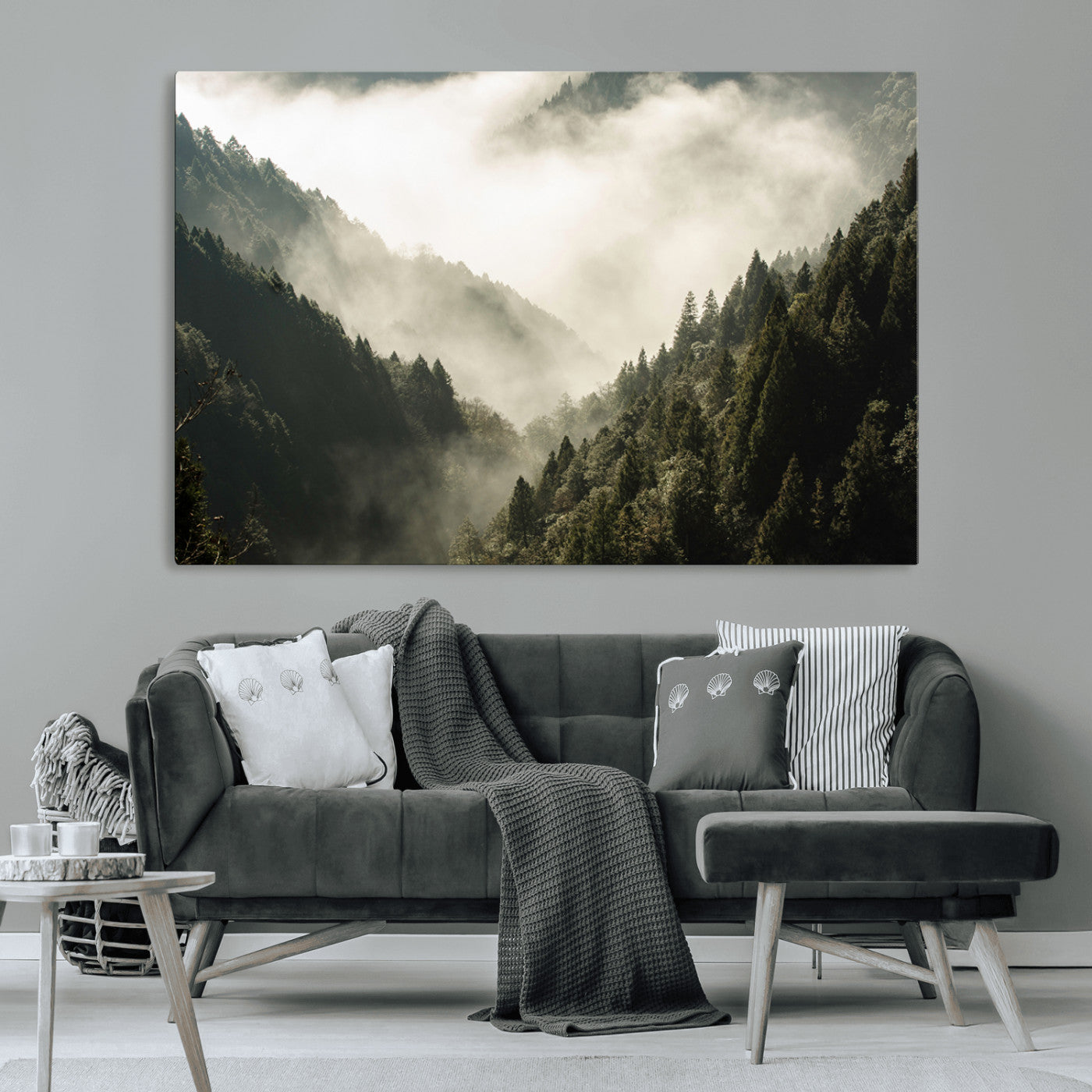 57570237-MGV-CV-36X24-Misty Valley Wall Art Canvas Print, Framed Foggy Forest Art Picture Print, Pine Trees Perfect Moody Woodland Decor Artwork