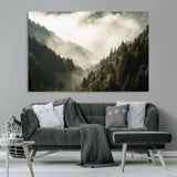 57570237-MGV-CV-36X24-Misty Valley Wall Art Canvas Print, Framed Foggy Forest Art Picture Print, Pine Trees Perfect Moody Woodland Decor Artwork