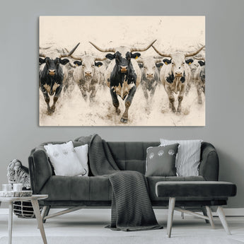 61538944-MGV-CV-36X24-Texas Longhorn Wall Art Canvas Print, Framed Cattles Walking Art Picture Print, Black White Bulls Perfect Rustic Western Decor