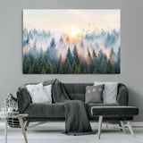 92718976-MGV-CV-36X24-Misty Forest Wall Art Canvas Print, Framed Sunrise Pines Art Picture Print, Foggy Woodland Perfect Moody Woodland Decor Artwork