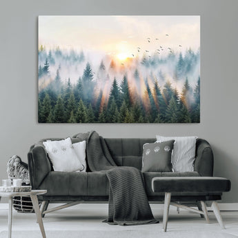 92718976-MGV-CV-36X24-Misty Forest Wall Art Canvas Print, Framed Sunrise Pines Art Picture Print, Foggy Woodland Perfect Moody Woodland Decor Artwork