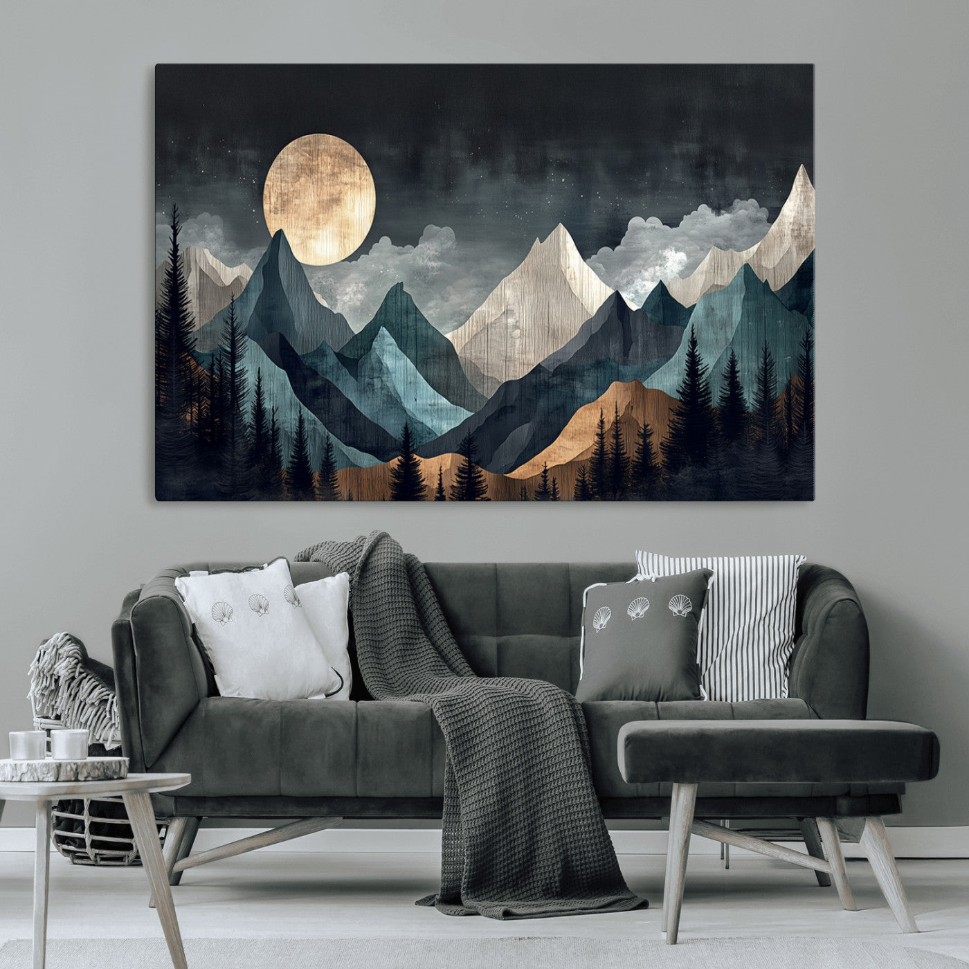 11060882-MGV-CV-36X24-Moonlit Mountains Wall Art Canvas Print, Framed Forest Silhouette Art Picture Print, Night Landscape Perfect Modern Forest Decor