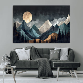 11060882-MGV-CV-36X24-Moonlit Mountains Wall Art Canvas Print, Framed Forest Silhouette Art Picture Print, Night Landscape Perfect Modern Forest Decor