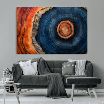 72209152-MGV-CV-36X24-Abstract Tree Ring Wall Art – Vibrant Blue Orange Wood Grain Canvas Print, Rustic Modern Nature Artwork for Living Room, Office,