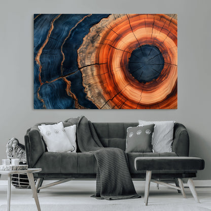41123192-MGV-CV-36X24-Tree Ring Canvas Wall Art – Abstract Blue Orange Wood Grain Print, Rustic Modern Nature Artwork for Living Room, Bedroom, Office