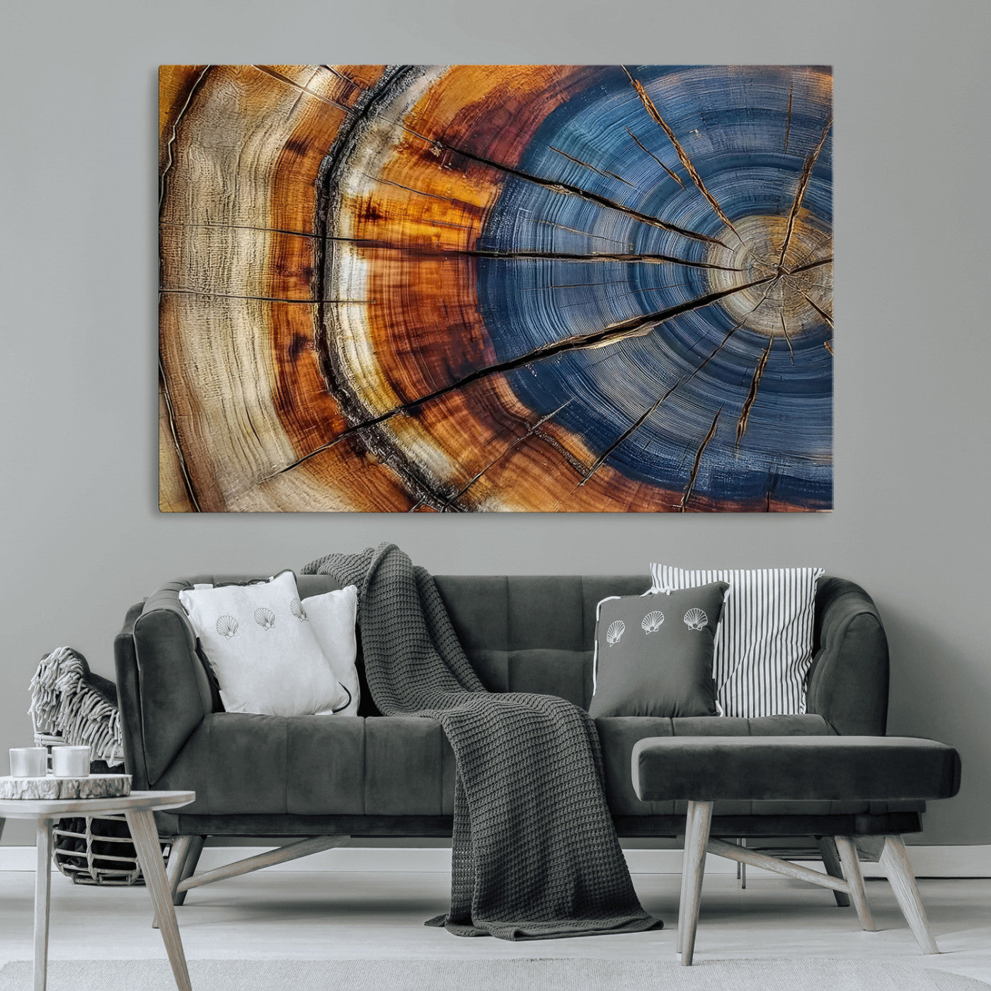 18032999-MGV-CV-36X24-Tree Ring Wall Art – Blue Brown Abstract Wood Slice Canvas Print, Rustic Modern Nature Decor for Living Room, Office, Bedroom or