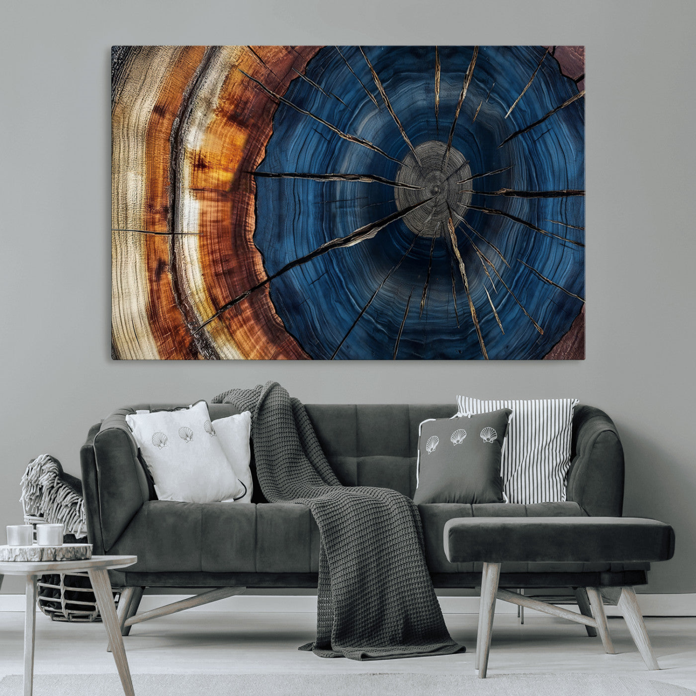 60099360-MGV-CV-36X24-Blue Tree Ring Wall Art – Rustic Wood Grain Canvas Print, Modern Abstract Artwork with Natural Texture for Living Room, Bedroom,