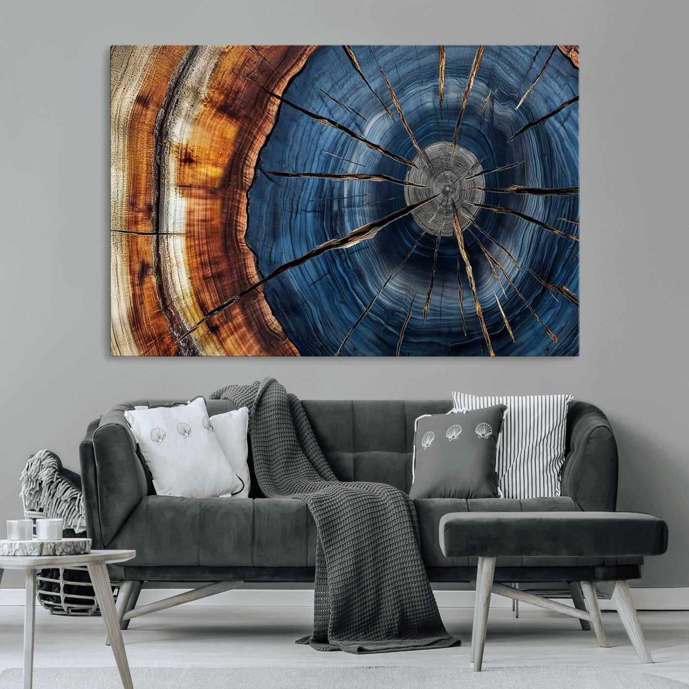 45268471-MGV-CV-36X24-Blue Tree Ring Wall Art – Rustic Wood Cross Section Canvas Print, Modern Abstract Nature Decor for Living Room, Office, or Cabin