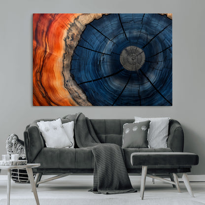 26110607-MGV-CV-36X24-Blue and Orange Tree Ring Wall Art – Abstract Wood Cross Section Canvas Print, Modern Rustic Nature Decor for Living Room, Office,