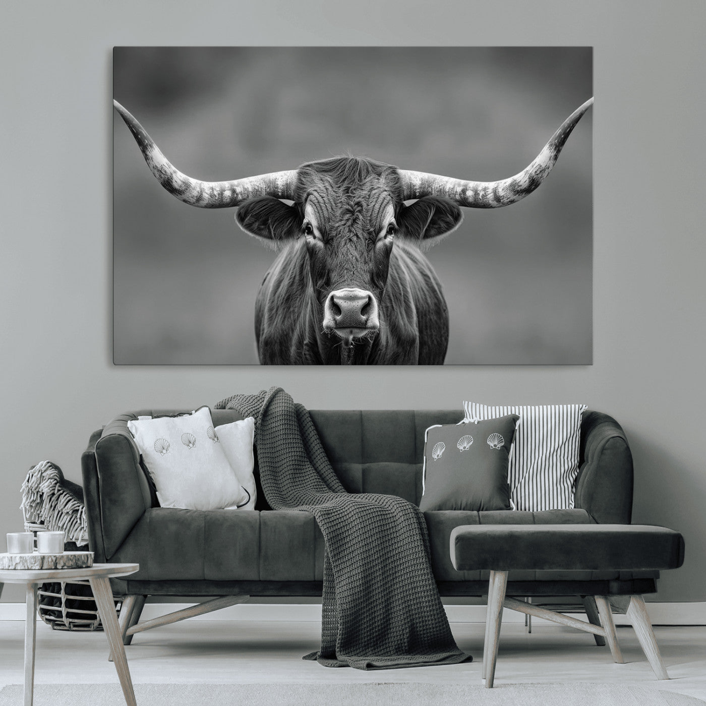 81228550-MGV-CV-36X24-Framed Texas Longhorn Bull Art Canvas Print, Western Bull Wall Art Print, Long Horn Bull Photo Print for Log Cabin, Large Bull