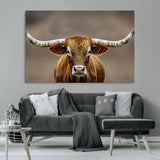 12179171-MGV-CV-36X24-Texas Longhorn Wall Art Canvas Print, Framed Brown Bull Art Picture Print, Lone Cattle Perfect Rustic Western Decor Artwork