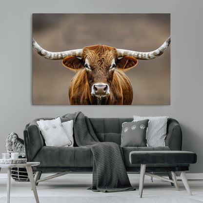12179171-MGV-CV-36X24-Texas Longhorn Wall Art Canvas Print, Framed Brown Bull Art Picture Print, Lone Cattle Perfect Rustic Western Decor Artwork